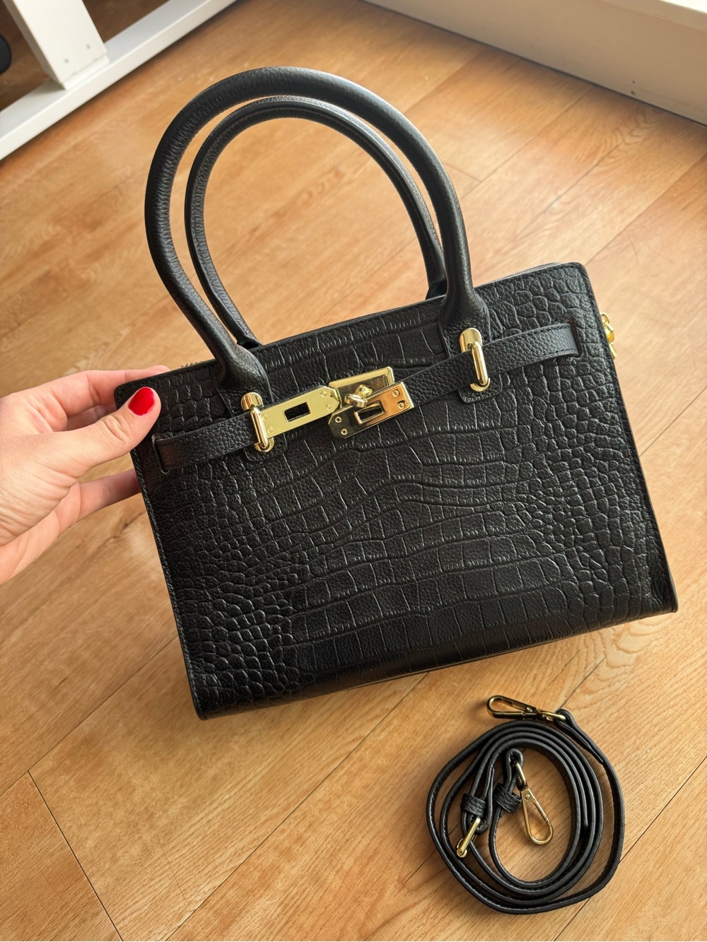 Black Croc-Embossed Top-Handle Structured Leather Bag with Gold Hardware